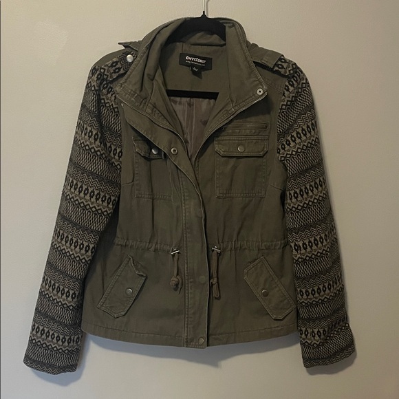 CoffeeShop Jackets & Blazers - CoffeeShop Olive Utility Jacket with Patterned Sleeves